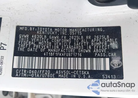 2015 Toyota Camry Se из США, поврежденный, VIN 4T1BF1FK4FU971716